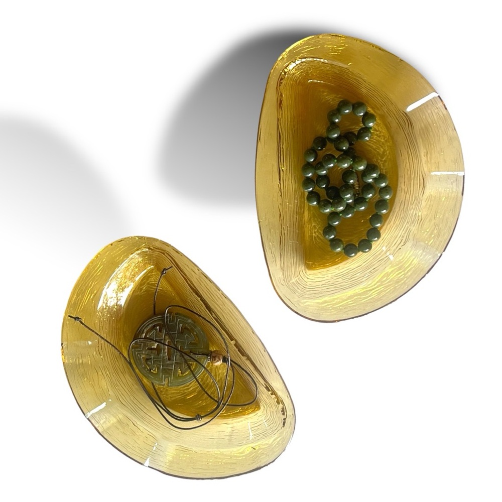 VTG MCM Honey Pressed Glass Ashtray | Set of Two Half Moon